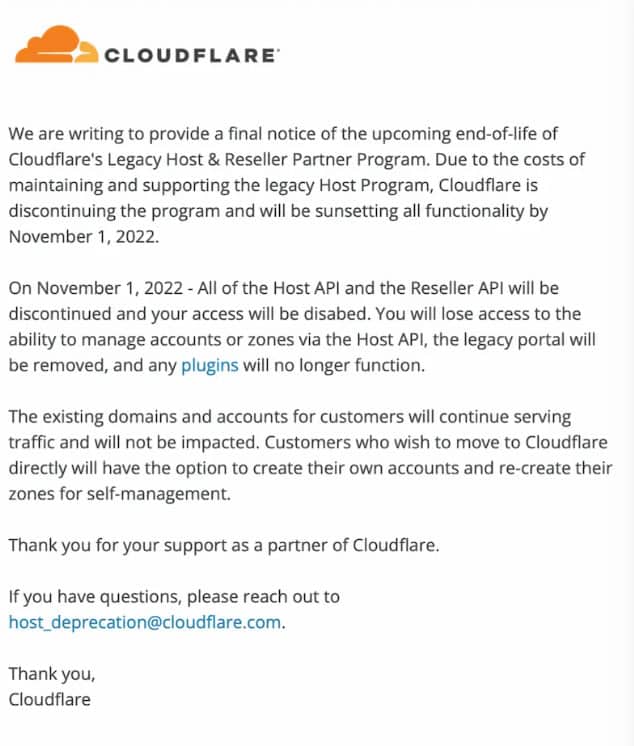 CloudFlare Discontinuing cPanel supprt